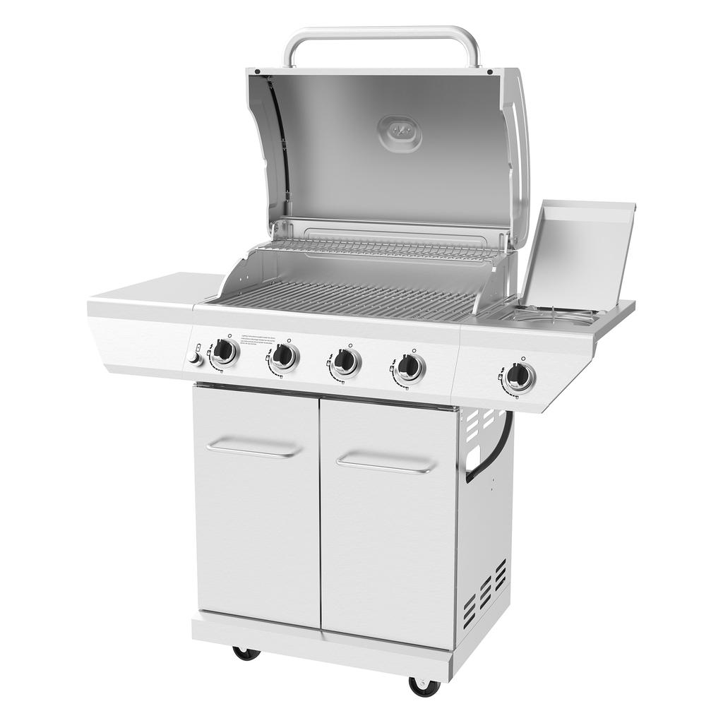 4-Burner Gas Grill with Side Burner (Stainless Steel/opened)